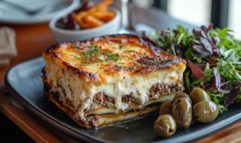 Savoring a delicious plate of Greek moussaka with fresh salad and olives on a sunny evening Savoring a delicious plate of Greek moussaka with fresh salad and olives on a sunny evening