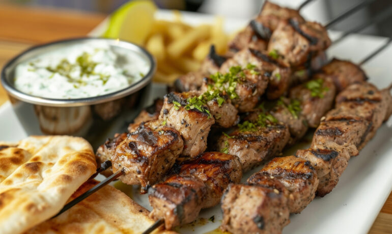 Grilled to perfection these delectable skewered souvlaki meats are a staple dish in Greek cuisine. The traditional pita bread and cool tzatziki sauce perfectly complemen Grilled to perfection these delectable skewered souvlaki meats are a staple dish in Greek cuisine. The traditional pita bread and cool tzatziki sauce perfectly complement