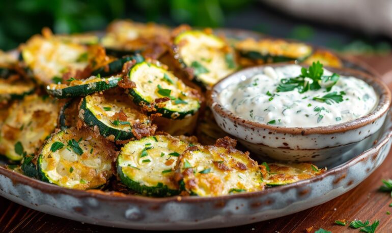 A plate of crispy fried zucchini chips with a garlic aioli dip A plate of crispy fried zucchini chips with a garlic aioli dip